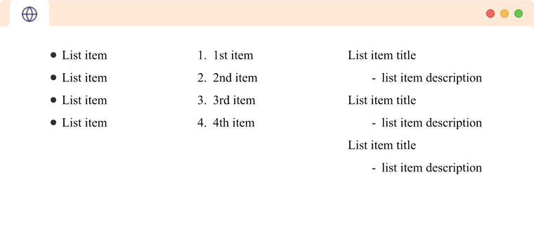 Three types of HTML lists